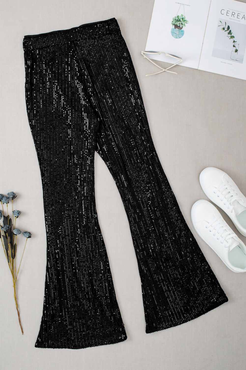 Black Sequin Wide Leg Pants