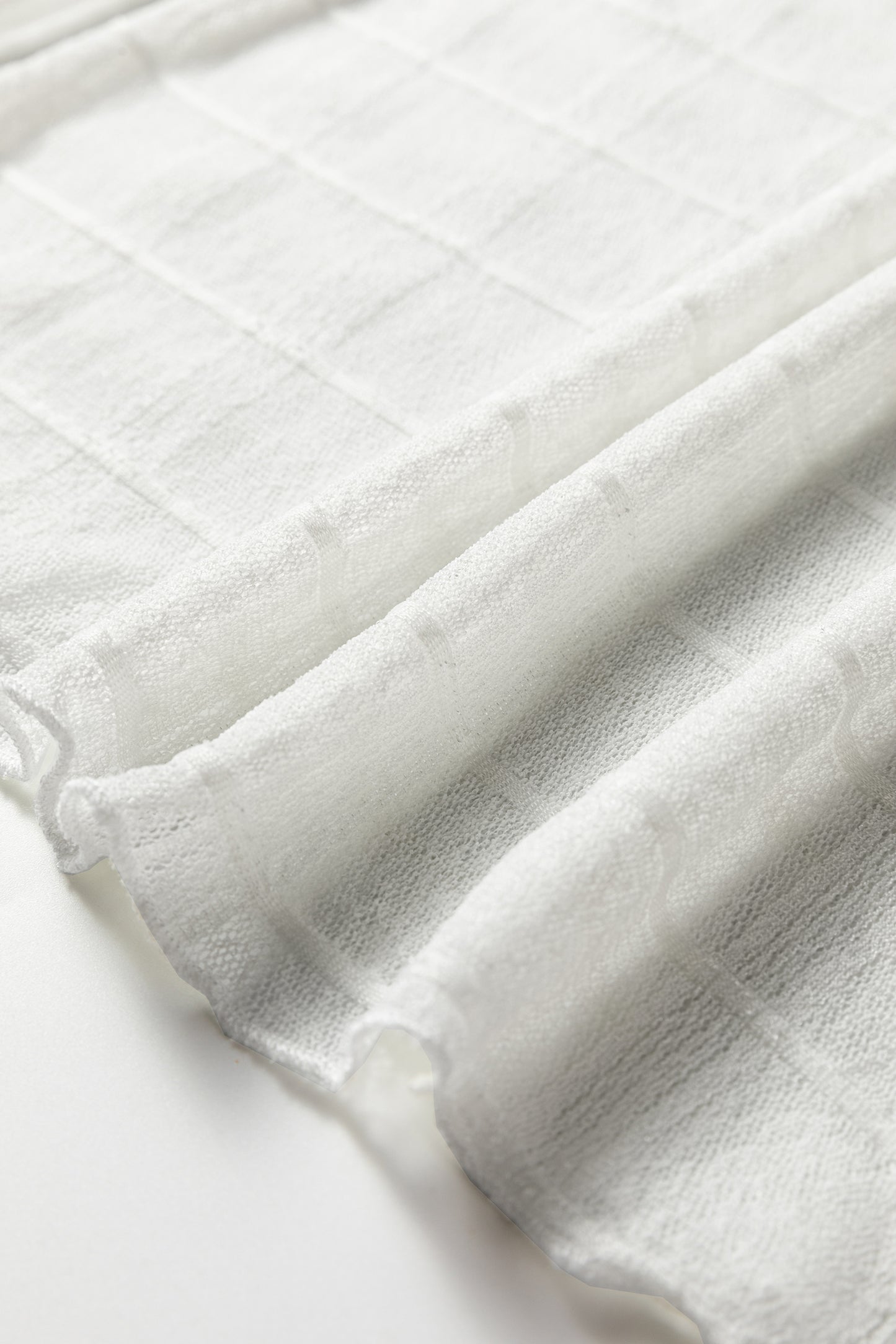 White Sheer Plaid Mesh Lettuce Trim Slim Fit Long Sleeve Top