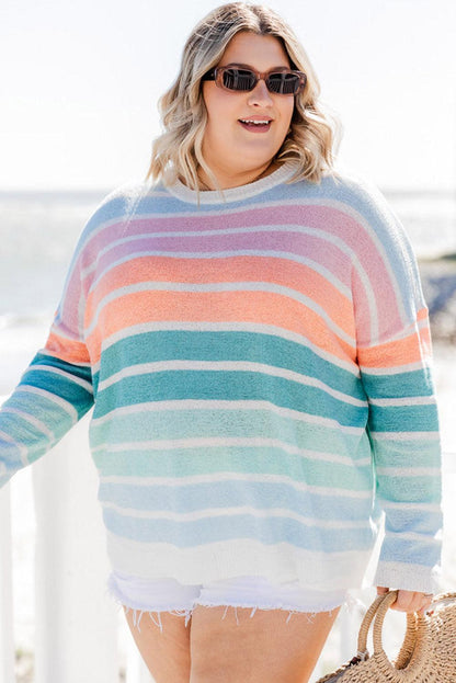 Multicolor Striped Long Sleeve Crewneck Plus Size Sweater - L & M Kee, LLC