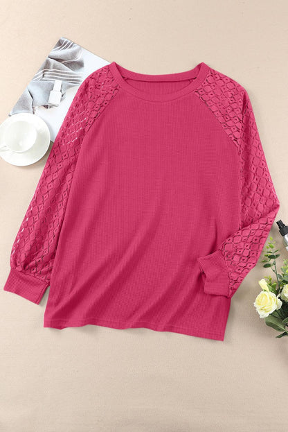 Red Plus Size Contrast Lace Sleeve Waffle Knit Top - L & M Kee, LLC