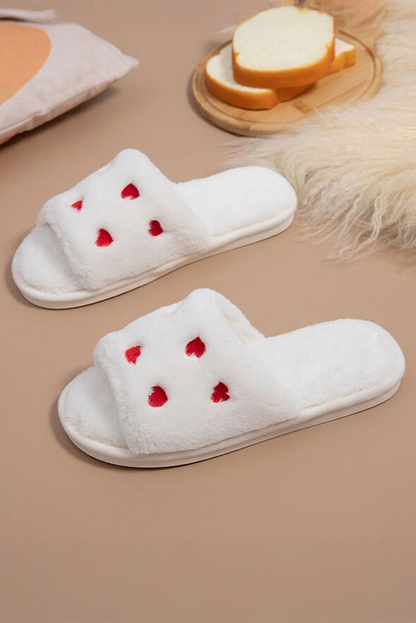 White Valentines Heart Embroidered Fuzzy Winter House Slippers