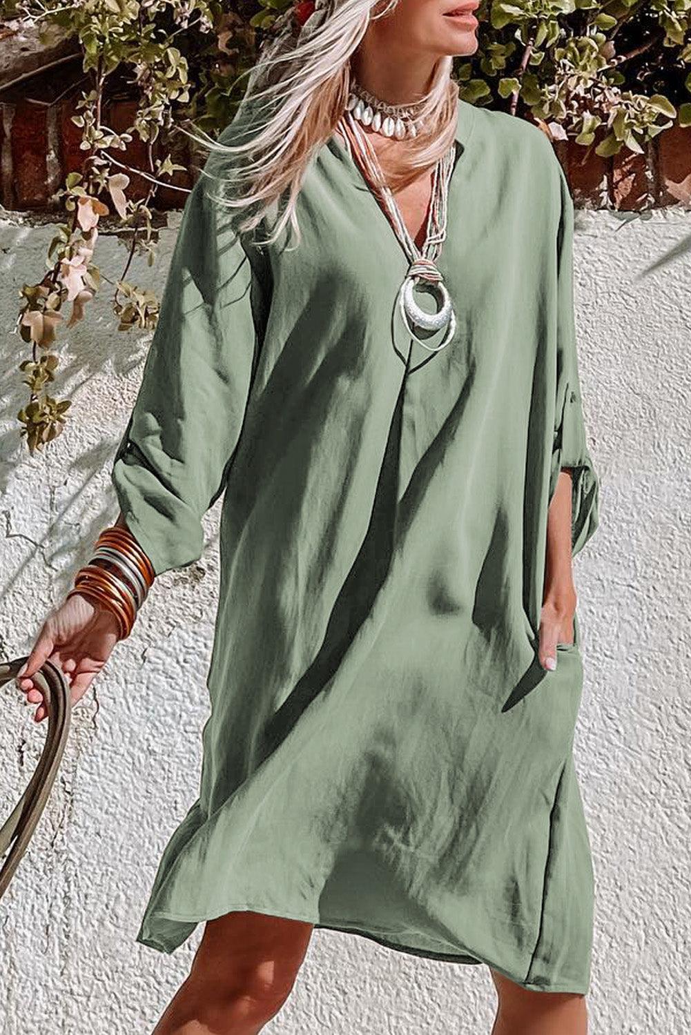 Roll-tab Sleeve Flowy Casual Dress - L & M Kee, LLC