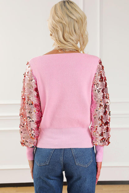 Pink Contrast Sequin Sleeve V Neck Ribbed Knit Sweater - L & M Kee, LLC