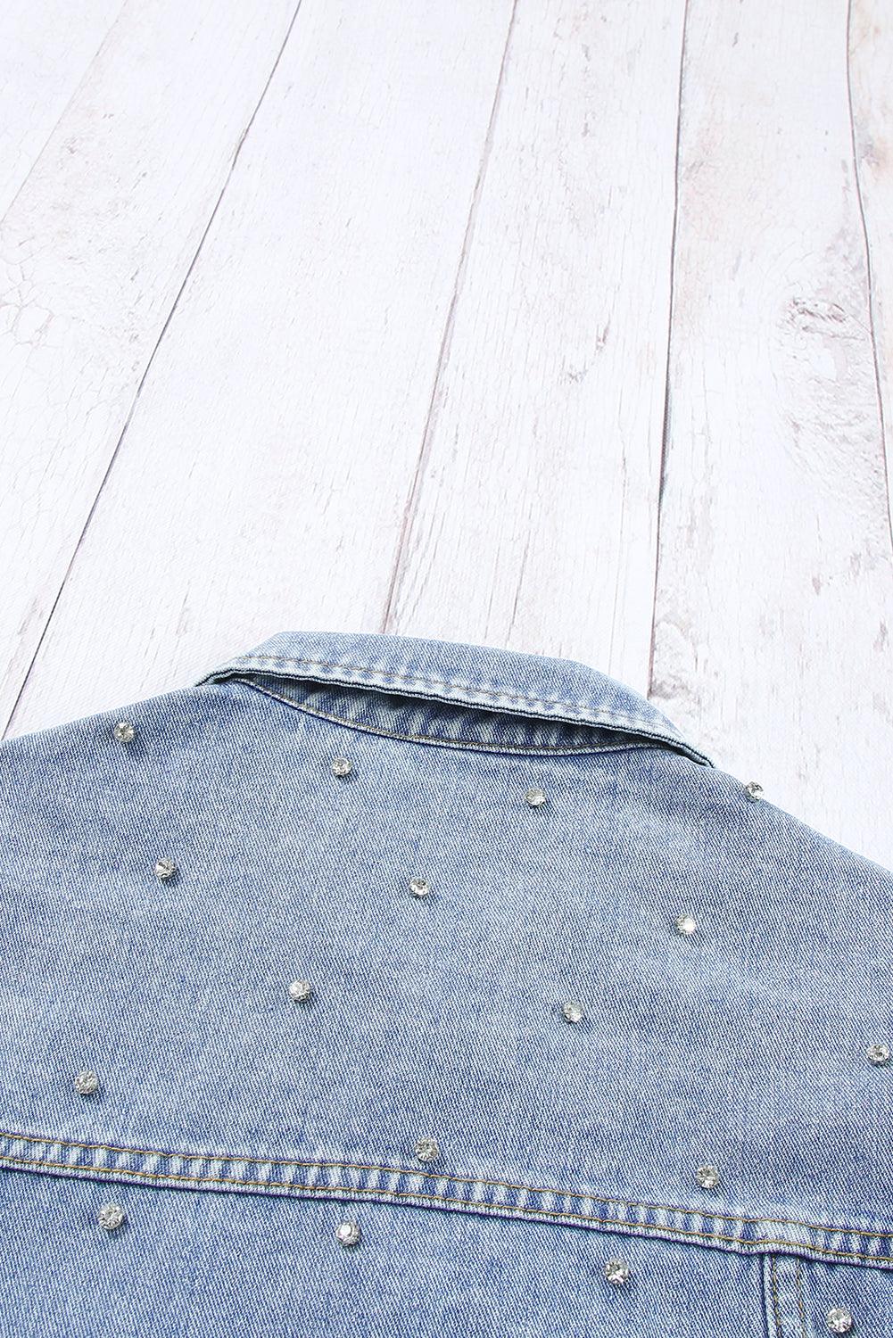 Mist Blue Rhinestones Studded Denim Jacket - L & M Kee, LLC