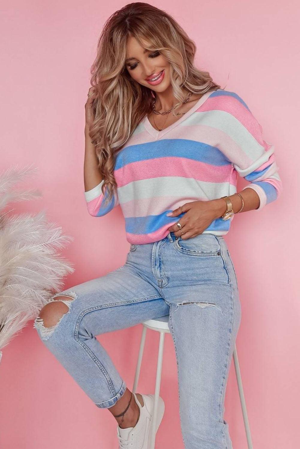 Contrast Striped V Neck Long Sleeve Top - L & M Kee, LLC