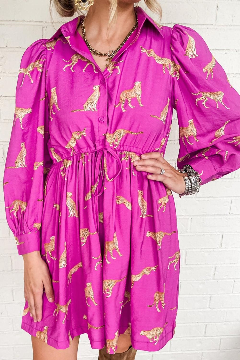 Rose Cheetah Print Drawstring Tunic Shirt Dress - L & M Kee, LLC