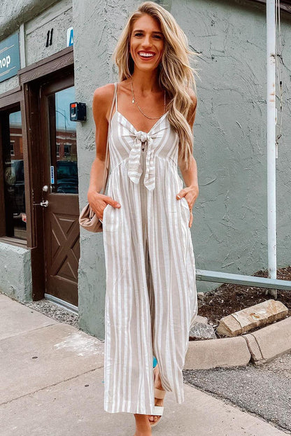 Front Knotted Striped Cropped Jumpsuit