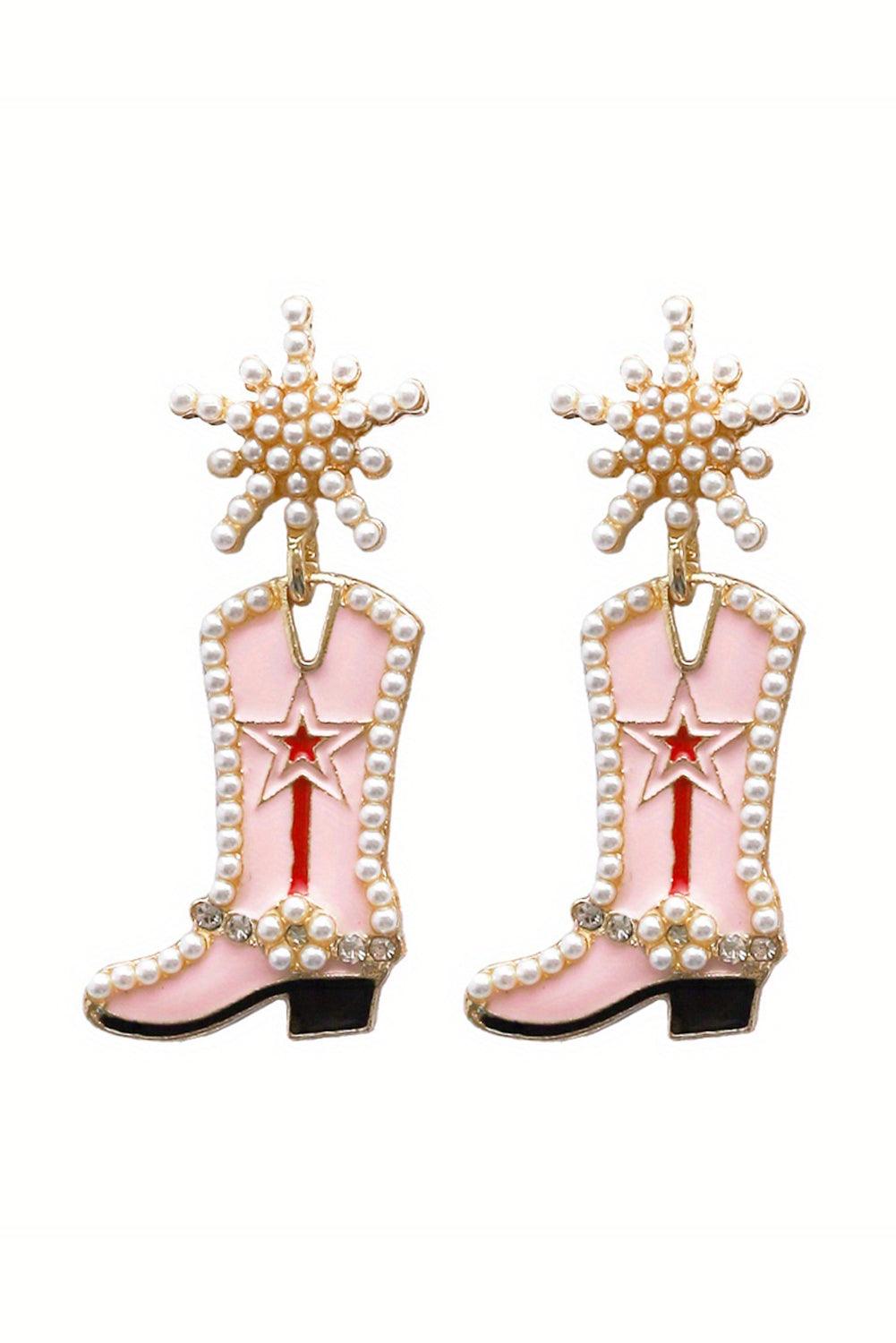 Strawberry Pink Pearl Decor Boots Shape Dangle Stud Earrings - L & M Kee, LLC