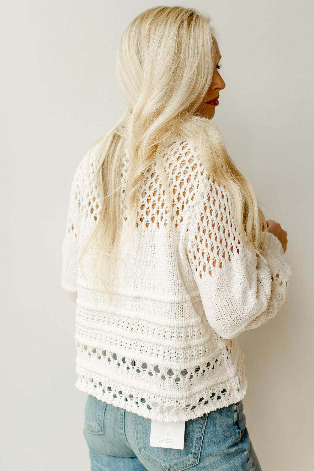 White Solid Color Pointelle Knit Puff Sleeve Sweater - L & M Kee, LLC