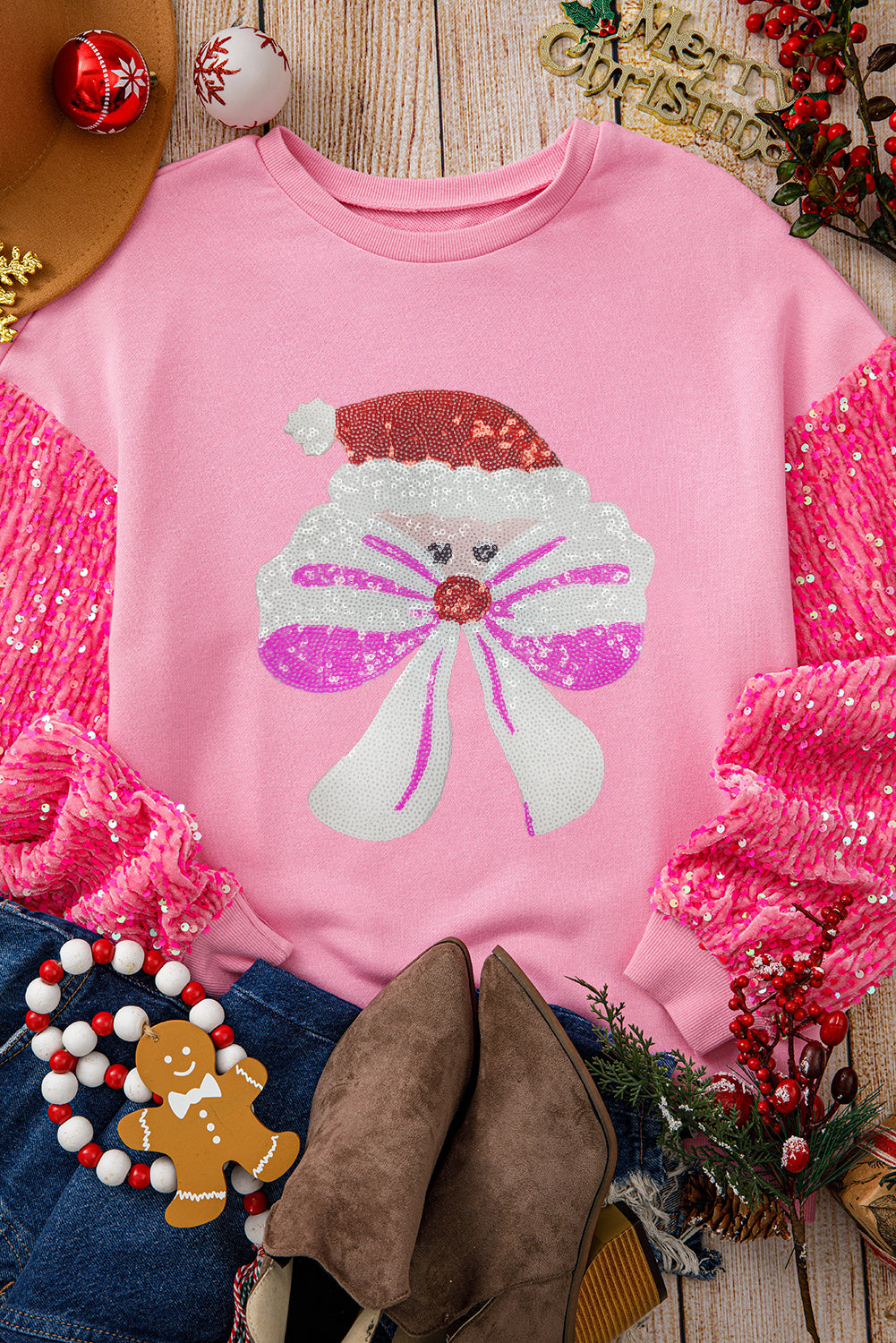 Pink Bow Father Christmas Graphic Sequin Patchwork Long Sleeve Top