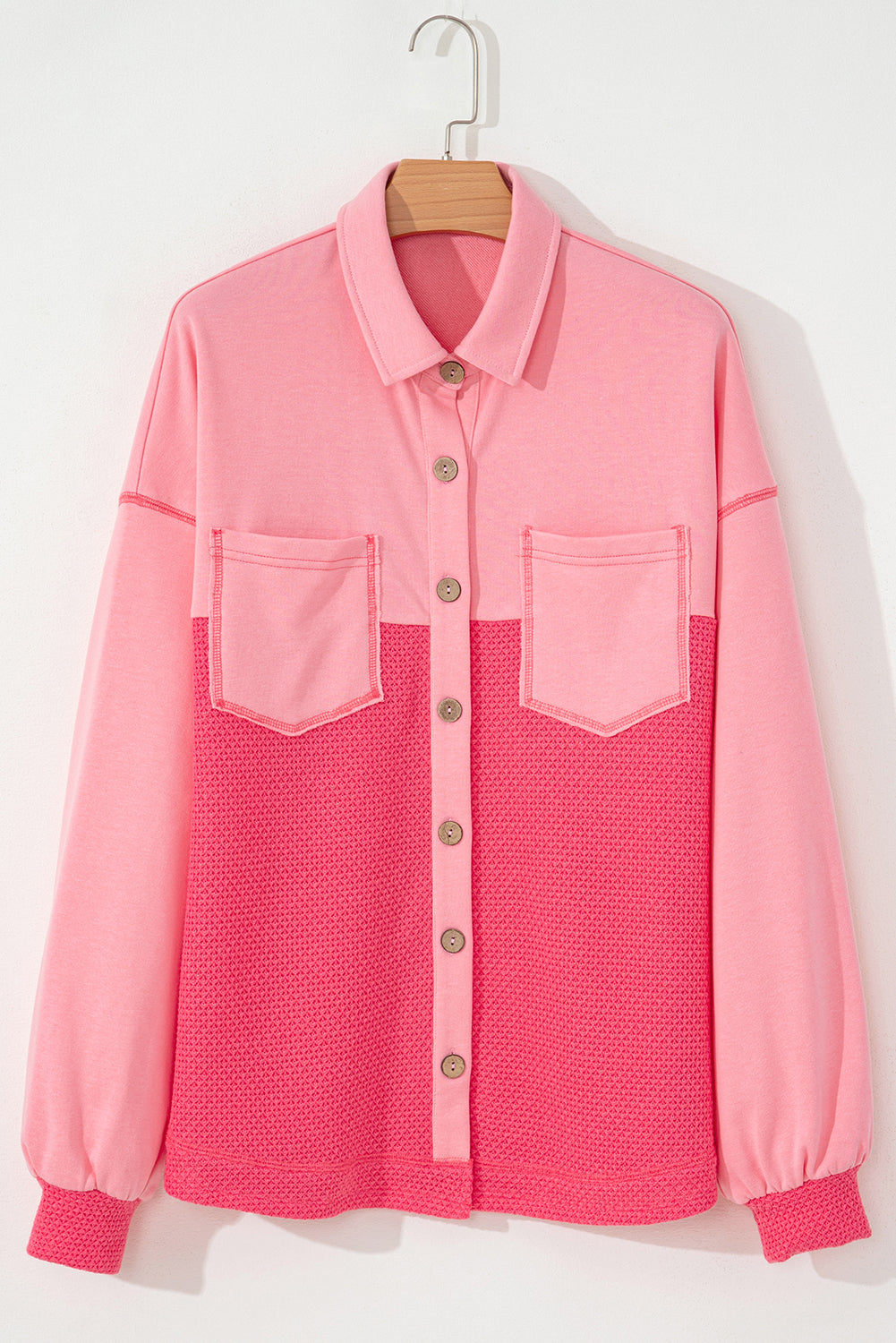 Peach Blossom Two Tone Contrast Waffle Knit Buttoned Loose Shacket