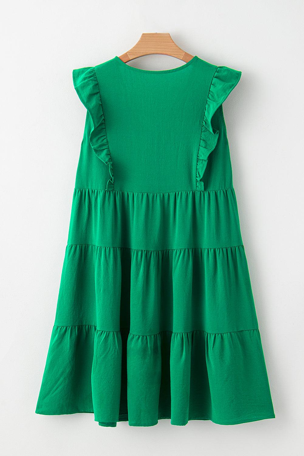 Bright Green Solid Color V Neck Ruffle Tiered Mini Dress - L & M Kee, LLC