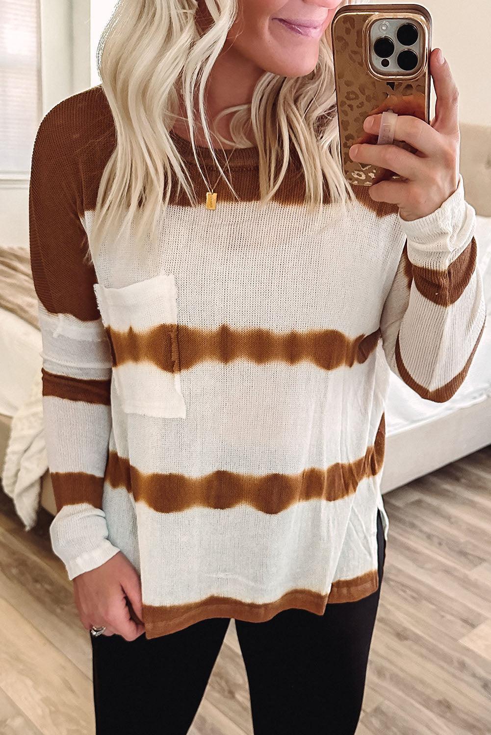 Tie Dye Striped Loose Knitted Long Sleeve Top with Slits - L & M Kee, LLC