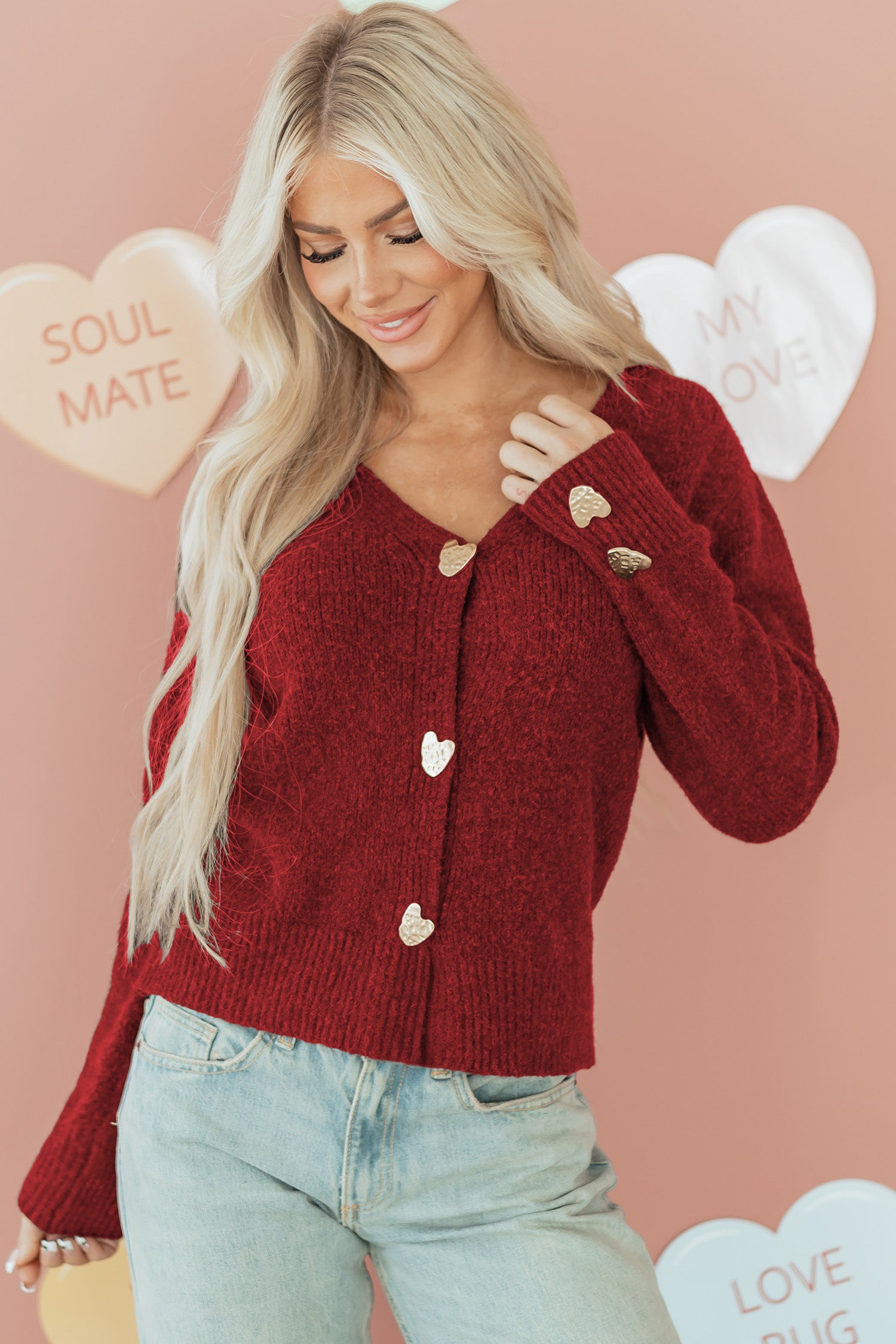 Fiery Red Heart Metal Button V Neck Cardigan Sweater