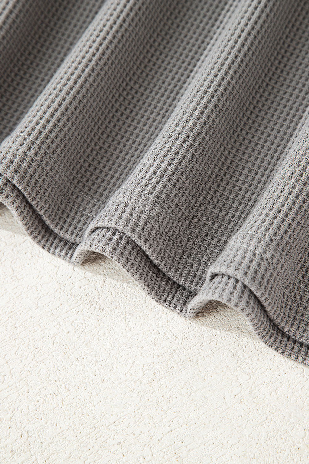 Gray Waffle Printed Patchwork Drawstring Hooded Long Sleeve Top