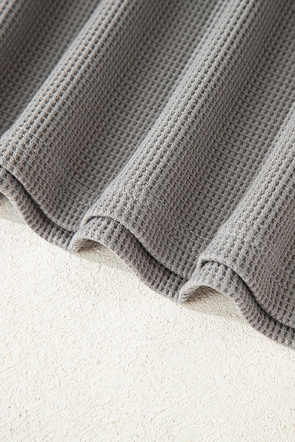 Gray Waffle Printed Patchwork Drawstring Hooded Long Sleeve Top