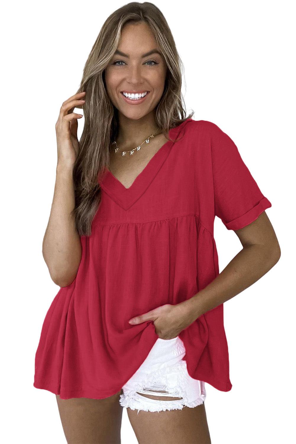 Frayed V Neck Ruffled Babydoll Blouse - L & M Kee, LLC