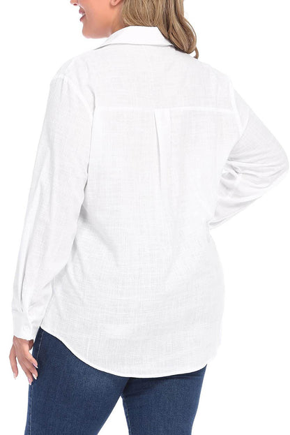 White Plus Size Linen Textured Button Up Shirt - L & M Kee, LLC