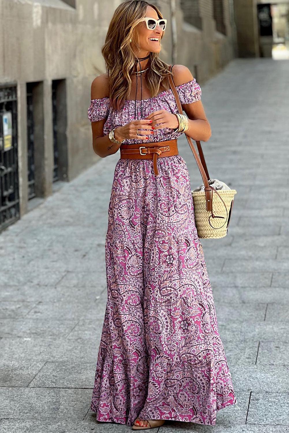 Pink Boho Paisley Print Off Shoulder Maxi Dress - L & M Kee, LLC