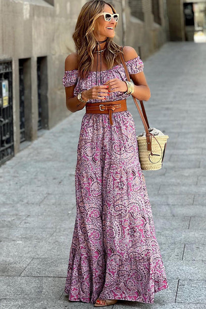 Pink Boho Paisley Print Off Shoulder Maxi Dress - L & M Kee, LLC