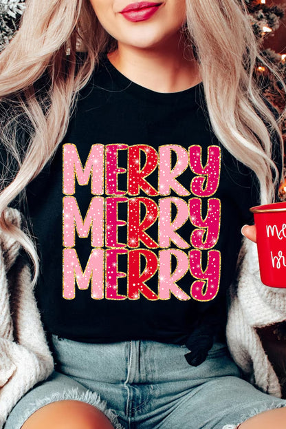 Black Heat Transfer Printing MERRY Letter Christmas Graphic Tee