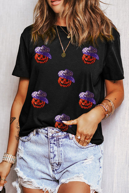 Black Sequin Hat Pumpkin Graphic Crewneck Halloween T Shirt