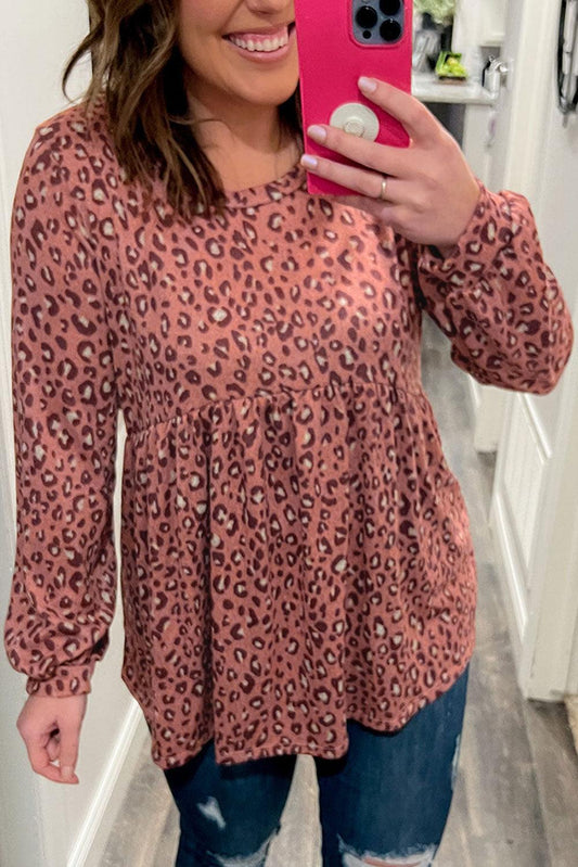 Leopard Print Long Sleeve Ruffled Babydoll Plus Size Blouse - L & M Kee, LLC