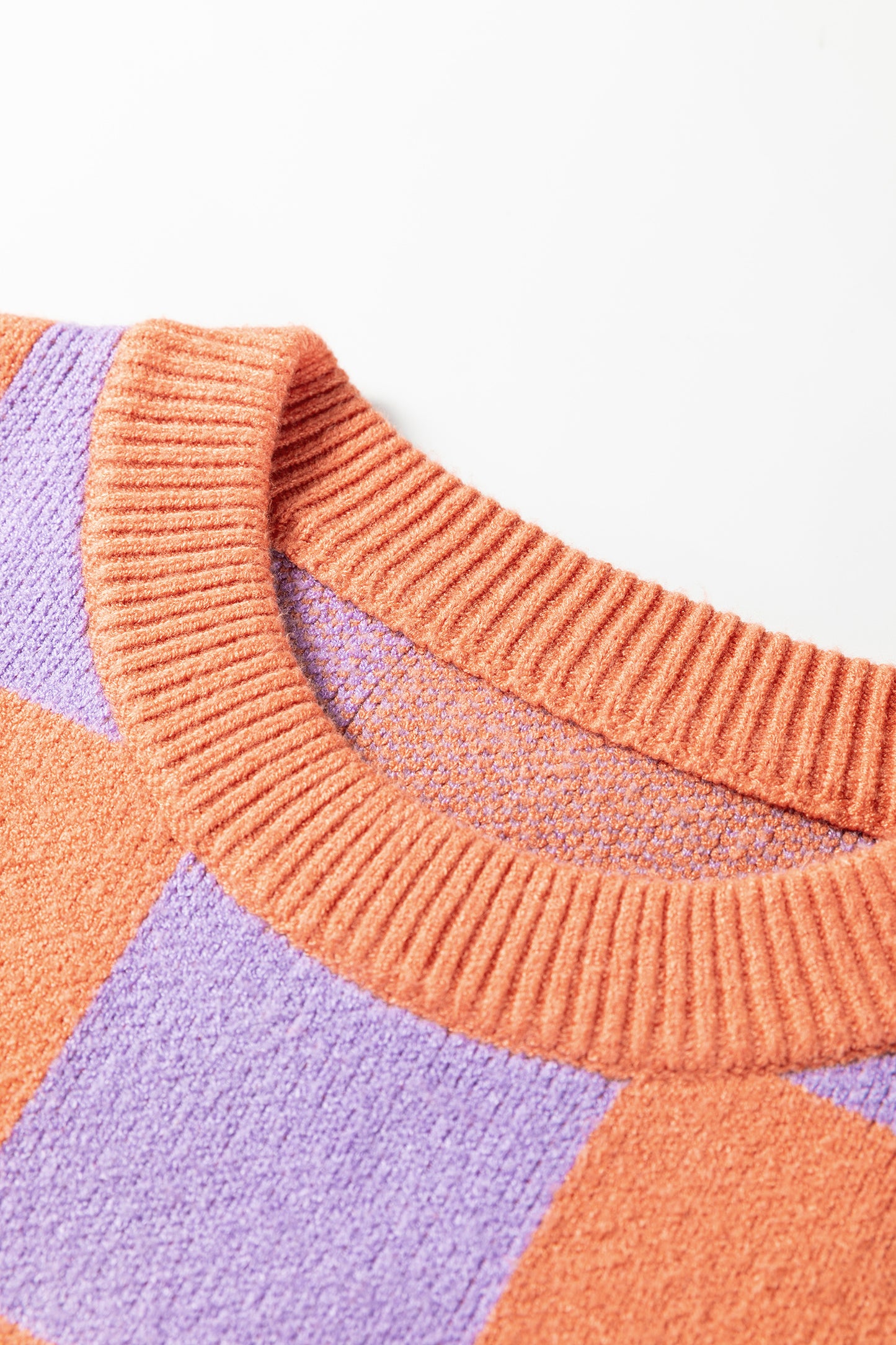 Grapefruit Orange Checkered Pattern Ribbed Trim Knit Baggy Sweater