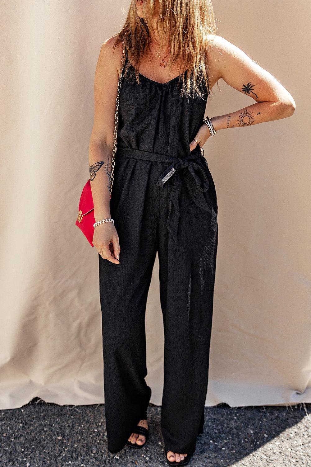 Black Textured Belted Wide Leg Sleeveless Jumpsuit - L & M Kee, LLC