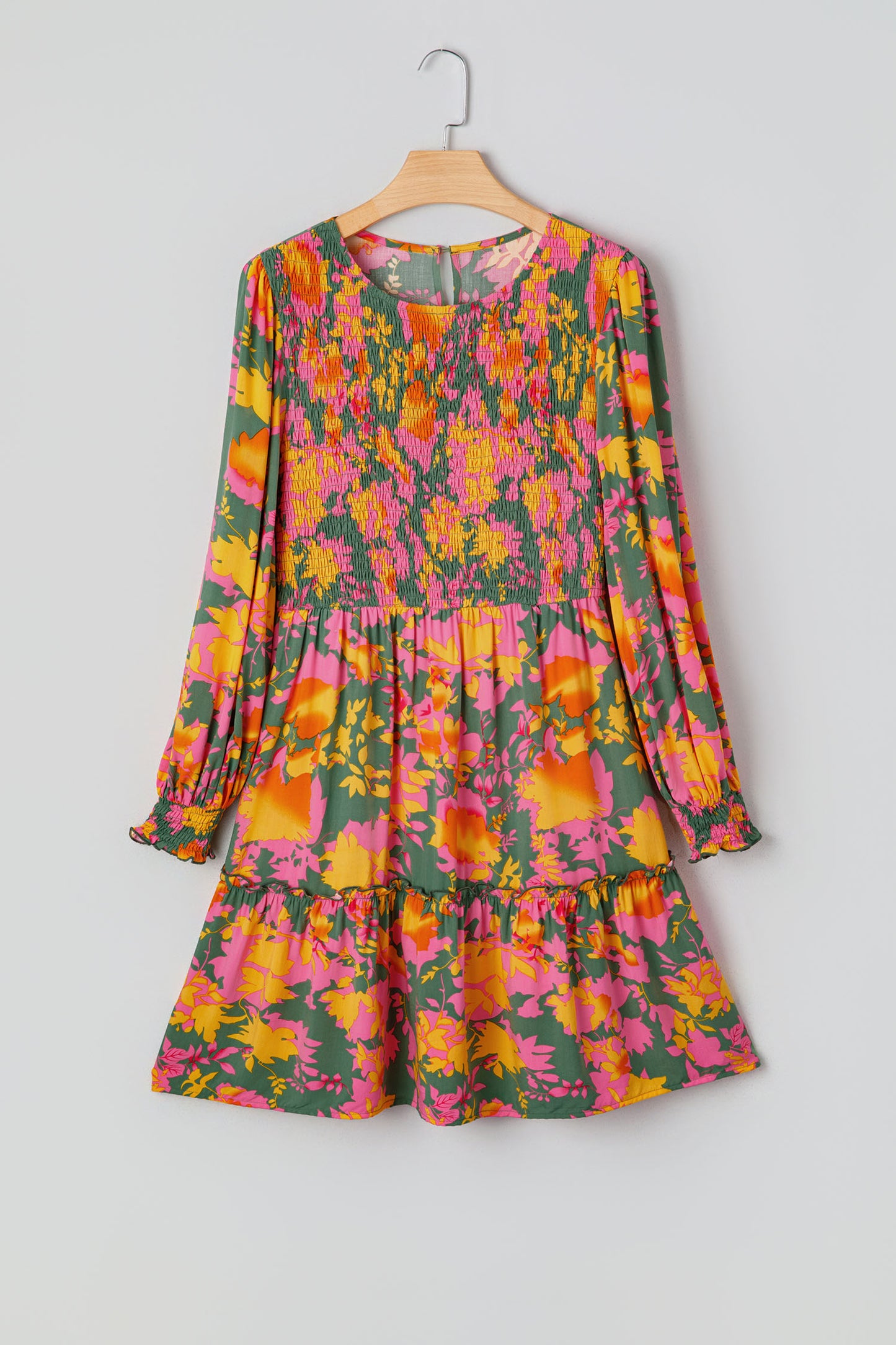 Multicolour Floral Print Long Sleeve Smocked Ruffled Mini Dress