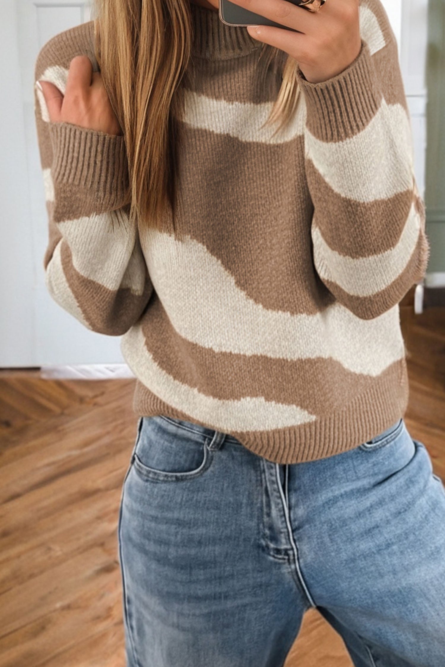 Dark Khaki Abstract Print Ribbed Trim Mock Neck Chic Sweater