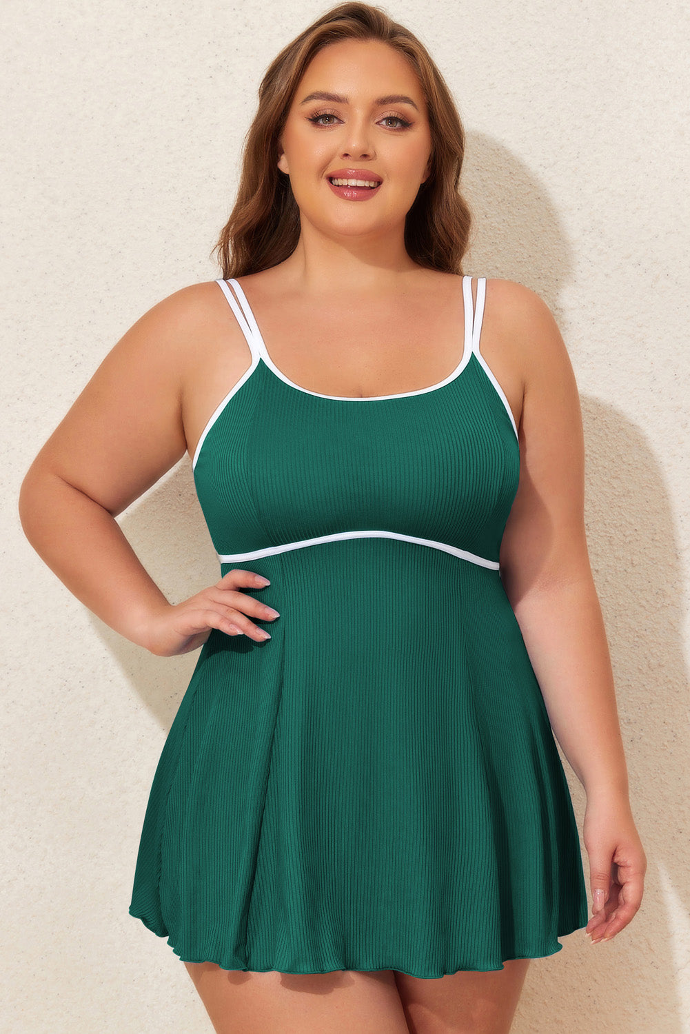 Black Plus Size Ribbed Contrast Trim Adjustable Straps 2pcs Swimsuit