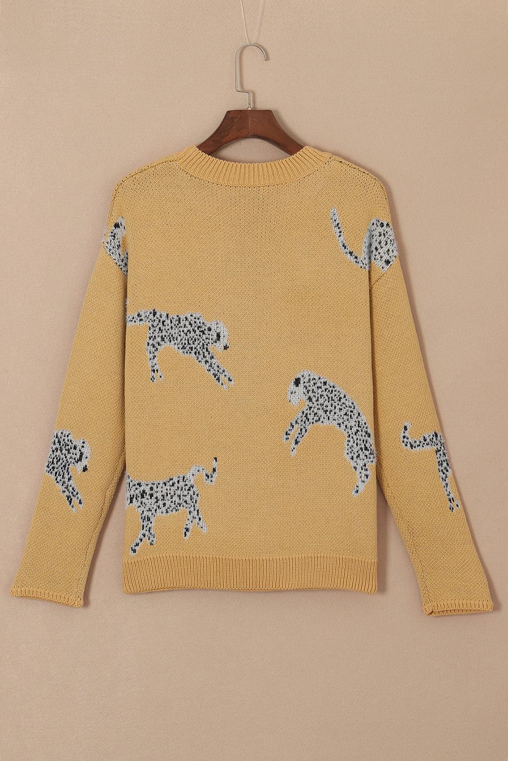 Camel Fuzzy Cheetah Accent Round Neck Sweater - L & M Kee, LLC