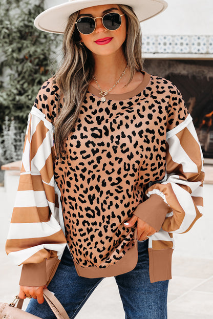 Khaki Stripe Color Block Patchwork Leopard Casual Sweatshirt with Slits