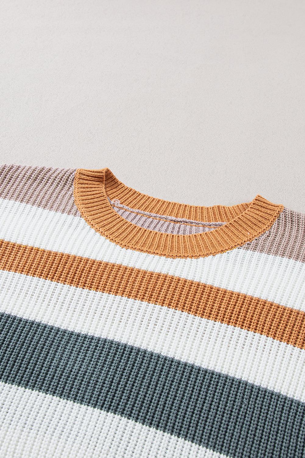 Camel Striped Knit Crew Neck T Shirt Sweater - L & M Kee, LLC