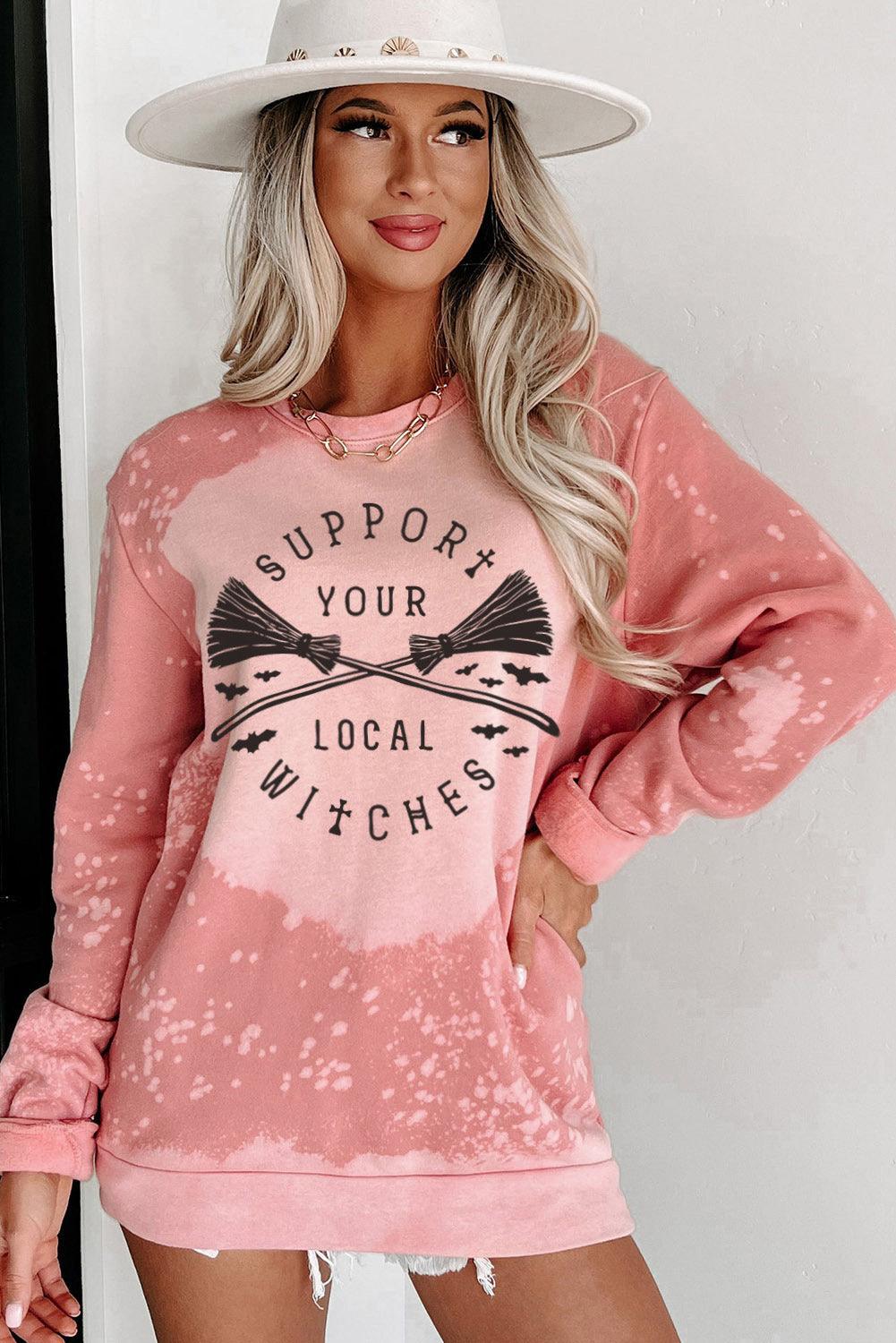 Pink Halloween Pattern Bleached Crewneck Sweatshirt - L & M Kee, LLC