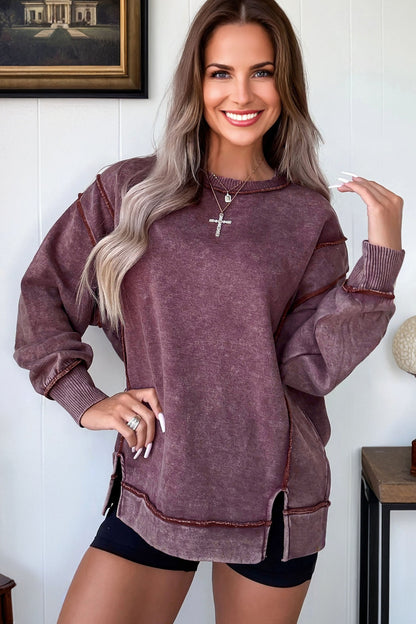 Red Sandalwood Mineral Wash Exposed Seam Side Slit Sweatshirt