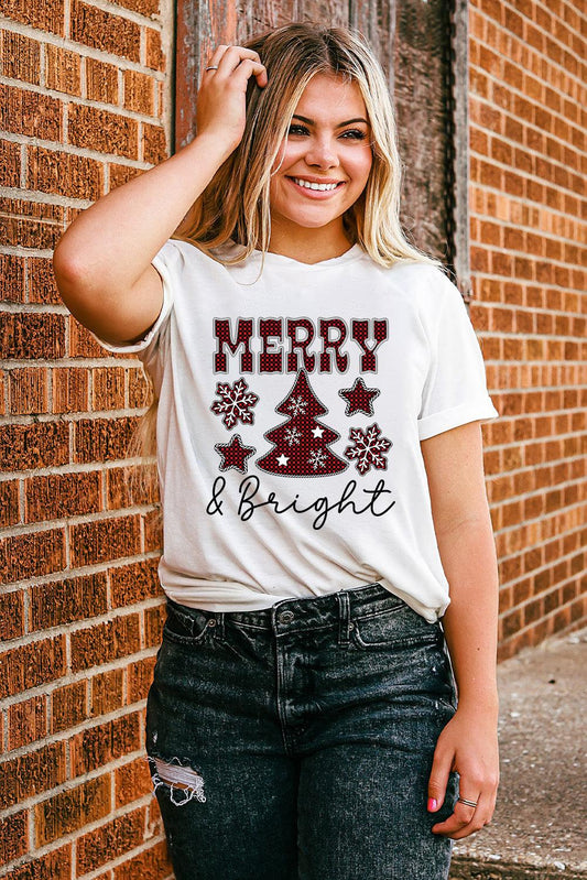 White MERRY and Bright Plaid Print Christmas Crewneck T Shirt - L & M Kee, LLC
