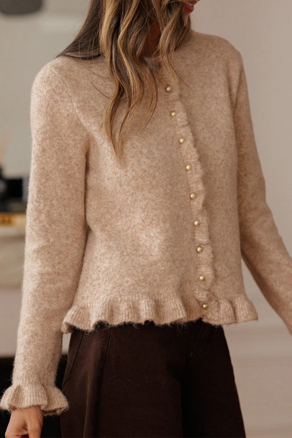 Oatmeal Ruffle Trim Gold Button Sweater Cardigan