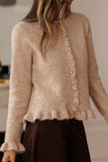 Oatmeal Ruffle Trim Gold Button Sweater Cardigan