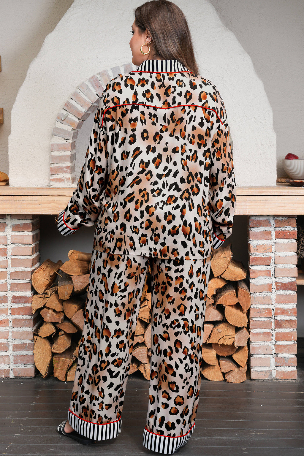 Khaki Plus Leopard Print Contrast Piping Striped Patchwork 2pcs Long Pajama Set