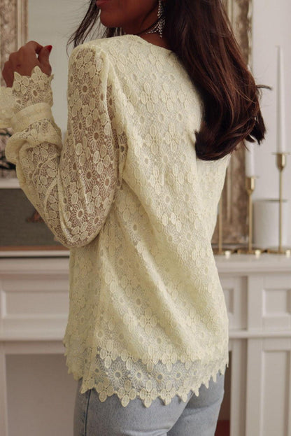 Beige Floret Lace V Neck Long Sleeve Blouse - L & M Kee, LLC