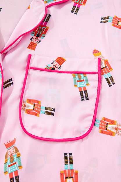 Pink Nutcracker Print Contrast Trim Tied up Bow Silky 2pcs Pajama Set