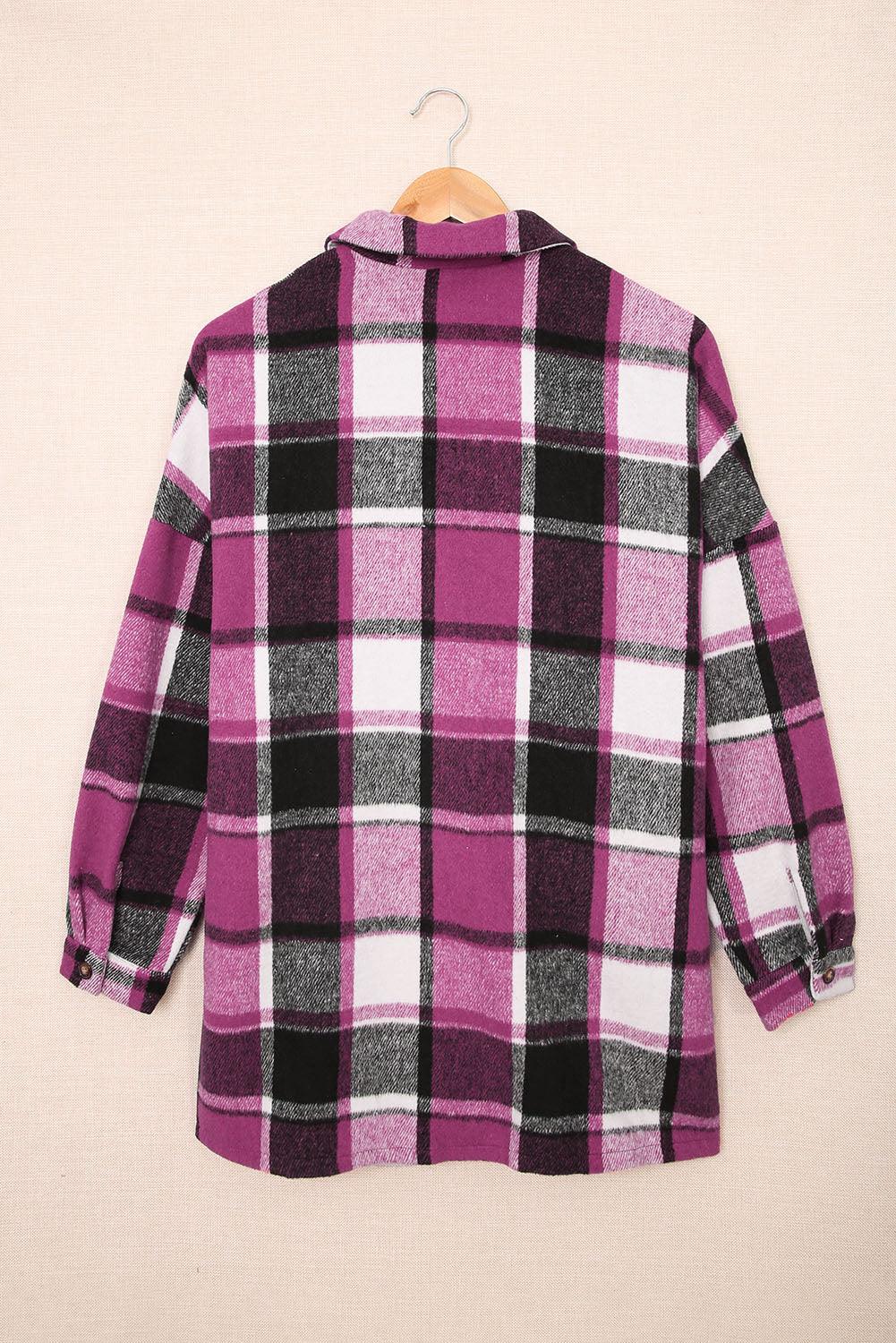Rose Plaid Print Buttoned Shirt Jacket - L & M Kee, LLC