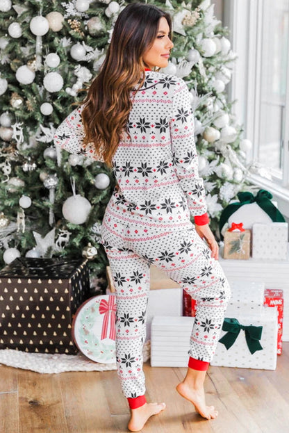 White Christmas Snowflake Print Slim Fit Two Piece Lounge Set