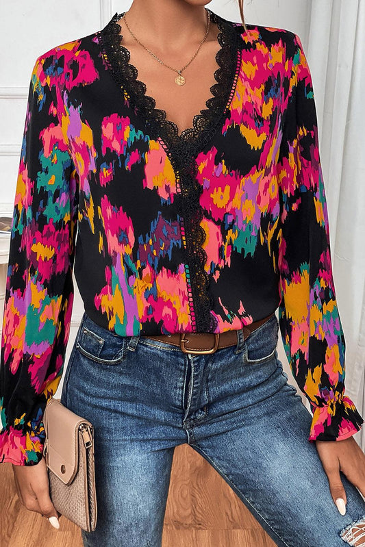 Black Abstract Printed Flounce Sleeve Lace V-Neck Blouse - L & M Kee, LLC