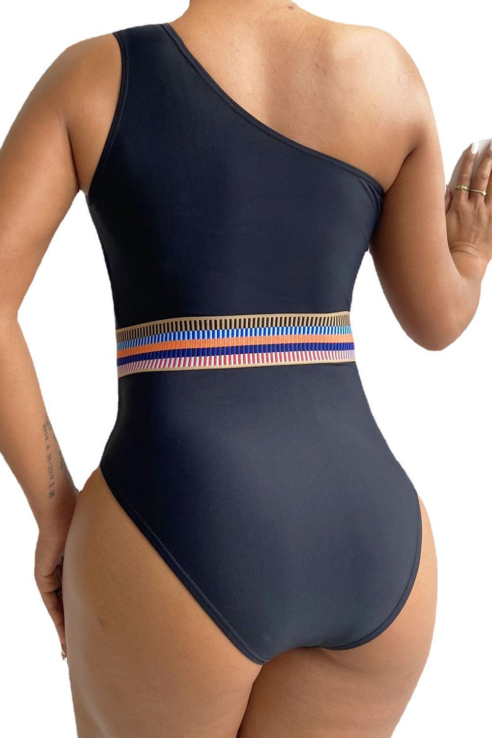 Black One Shoulder Strap Printed Waist One-Piece Swimsuit - L & M Kee, LLC