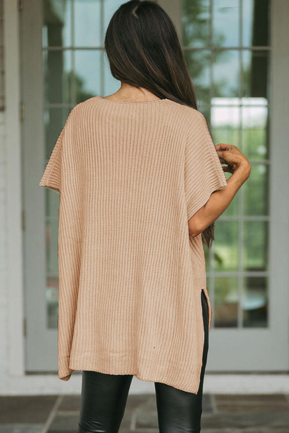 Rose Red Short Sleeve Side Slit Oversized Sweater - L & M Kee, LLC