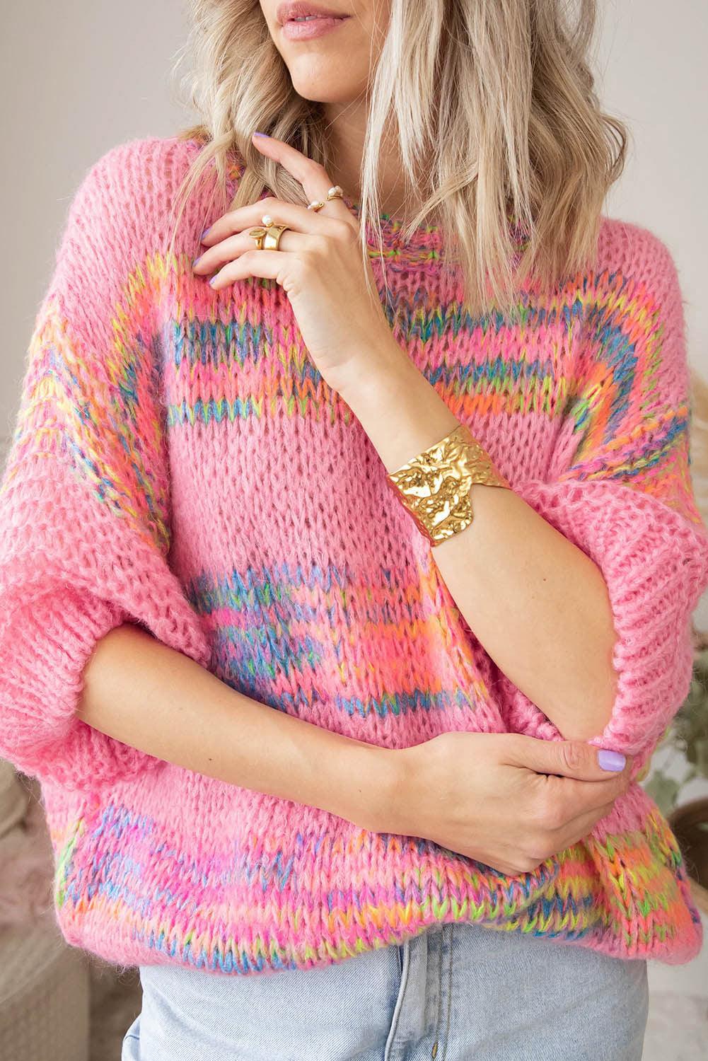 Colorful Stripes 3/4 Sleeve Loose Sweater - L & M Kee, LLC