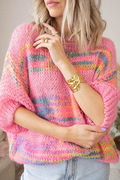 Colorful Stripes 3/4 Sleeve Loose Sweater - L & M Kee, LLC